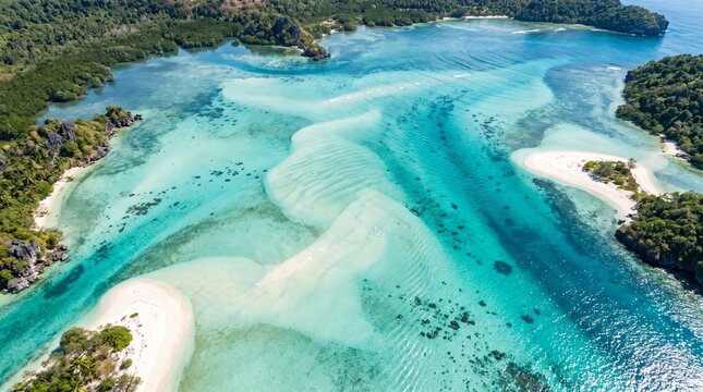 Tropical archipelago features turquoise lagoons and white sandbars surrounded by lush green islands in a remote ocean setting.