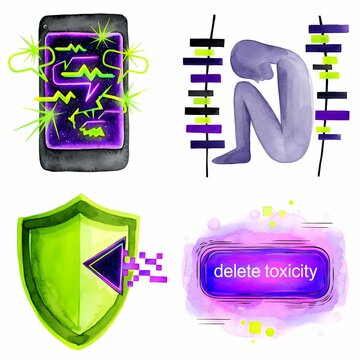 Four digital art panels a glowing phone a hunched silhouette a green shield and a delete toxicity button