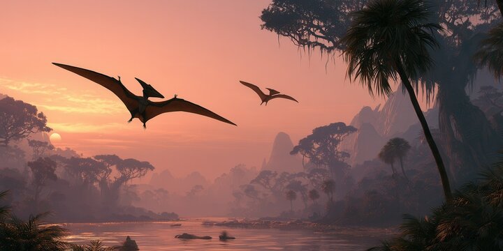 Two pterodactyls gliding over misty prehistoric rainforest at sunrise, warm backlight, layered mountain silhouettes, broad wings, atmospheric sky, dramatic natural scene