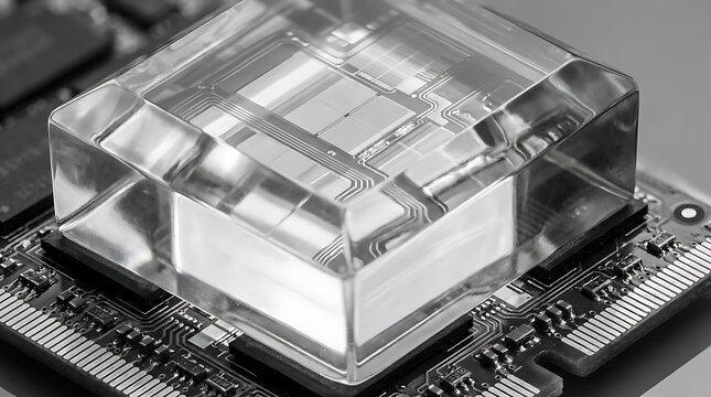 Futuristic Photonic Chip with Transparent Prism and RAM Circuitry Casting Shadows on Circuit Board