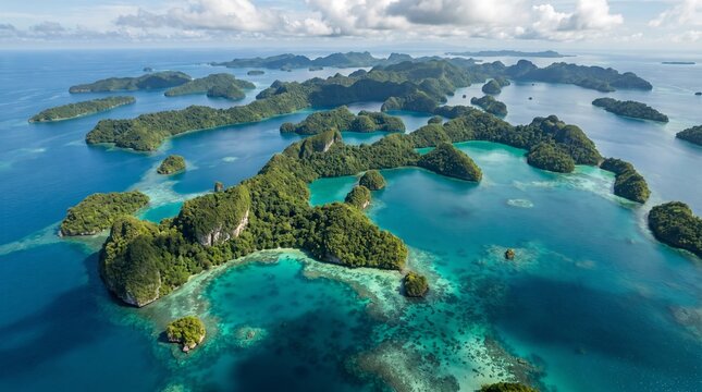 Archipelago of lush green islands sits amidst sparkling turquoise coral reefs and deep blue ocean waters under a bright sunny sky.