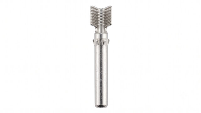 Extreme macro of a bare MC4 male connector internal contact pin. Micro-machined copper cylinder featuring a tin-plated finish and ribbed crimping wings.
