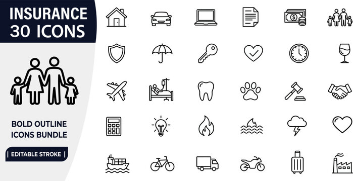 Insurance icons bundle home auto health life and property coverage symbols