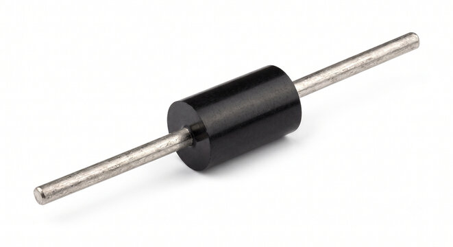 Studio macro of a bare solar panel bypass diode. Solid cylindrical black epoxy body featuring heavy-duty tinned copper axial leads.