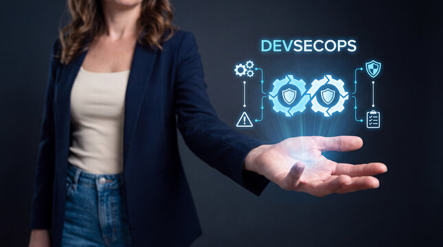 Woman Presenting DevSecOps Hologram With Gear Icons
