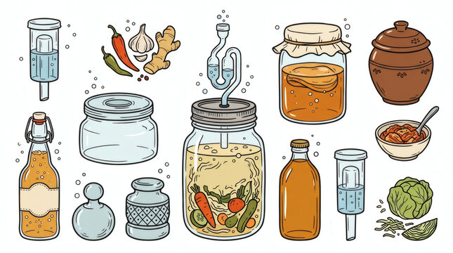 Set of playful hand drawn fermentation illustrations. Doodle drawings of glass jars, scoby, airlocks, kimchi pots, weights and kombucha bottles. Clean line art in retro style, isolated on white back