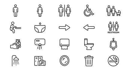 Fototapeta premium Restroom icons set for public facilities including gender signs accessibility symbols baby changing diaper disposal hand washing drying and no smoking signage.
