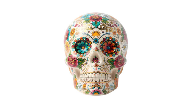 Decorative sugar skull with colorful floral patterns and traditional mexican day of the dead art isolated on transparent background