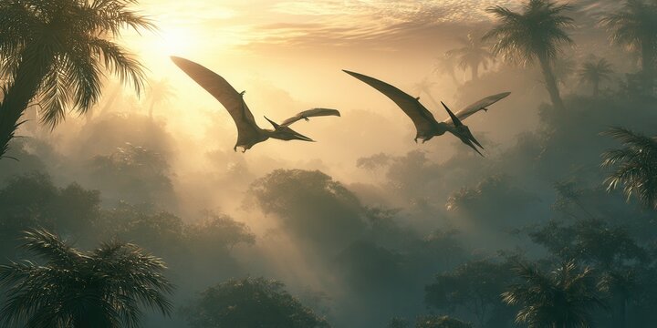 Two pterodactyls gliding over misty prehistoric rainforest at sunrise, warm backlight, layered mountain silhouettes, broad wings, atmospheric sky, dramatic natural scene