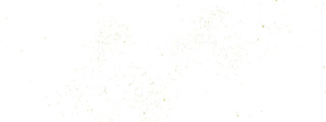 Fototapeta premium Gold glitter dust splatter overlay with fine metallic speckles, scattered golden particles, distressed sand texture, luxury confetti paint splash border on transparent background