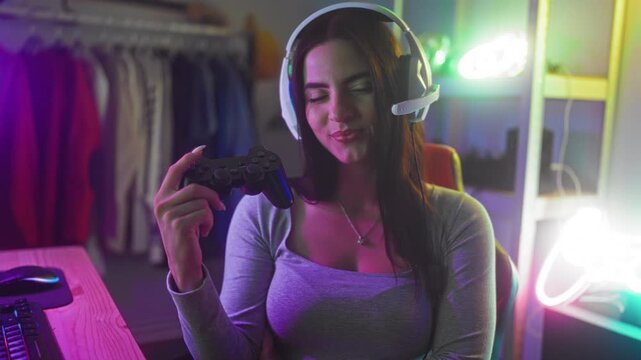 Young woman holding game controller with hand, finger on button in streaming studio; casual gaming confidence playful.