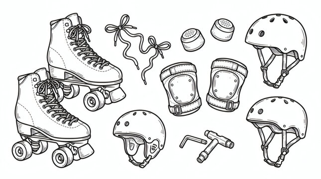 Set of playful hand drawn roller skate illustrations. Doodle drawings of quad skates, toe stops, laces, knee pads, helmets and skate wrenches. Clean line art in retro style, isolated on white back
