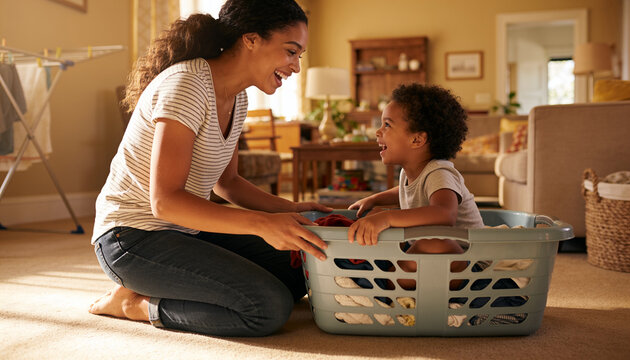 Happy African American mother playing with young son in laundry basket inside sunlit cozy home living room scene