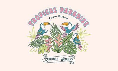 Obraz premium Vintage style graphic of toucans among exotic flowers and leaves for tropical Brazil design.