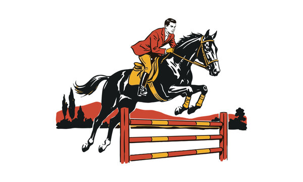 Vintage illustration of a male rider in a red jacket jumping a horse over a hurdle.