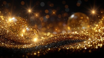 Fototapeta premium Festive golden glitter wave across deep blue background with soft bokeh lights, shimmering particles, elegant glow, and celebratory atmosphere for holiday designs