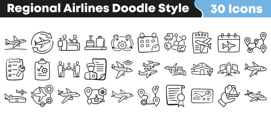 Hand drawn collection of regional airlines icons in doodle style