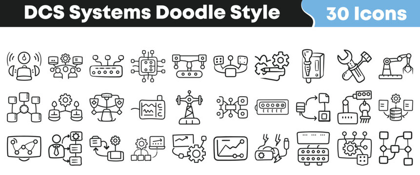 Set of thirty hand drawn industrial dcs systems doodle icons