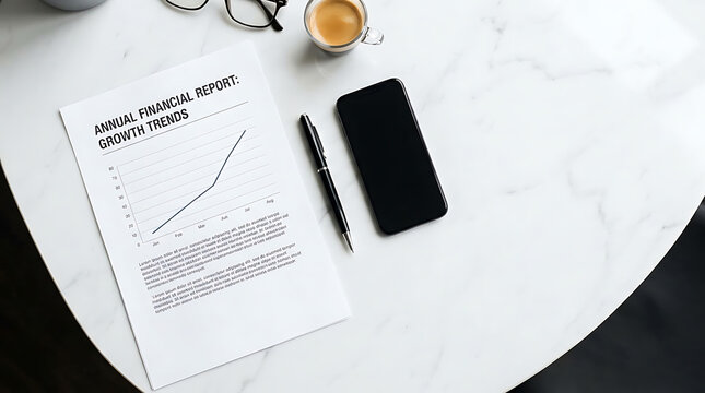 Annual financial report with growth trends graph, smartphone, pen, coffee and glasses on marble desk