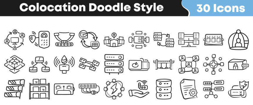 Set of thirty hand drawn colocation and data center icons