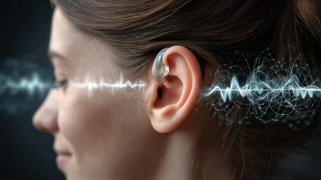 Closeup profile portrait of middle aged woman wearing discreet behind ear hearing aid, calm confident expression, soft cool studio background with gentle bokeh highlights