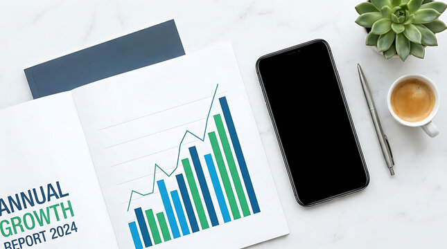 Annual Growth Report 2024 with Smartphone Coffee and Succulent Plant on Marble Desk