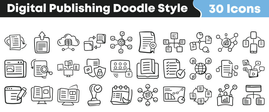 Hand drawn digital publishing icons set in simple doodle style