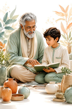 Heartwarming guru purnima artwork featuring elderly mentor teaching child from book during hindu religious festival celebration with pottery decor and educational atmosphere indoors