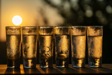 Row of cold shot glasses of vodka or other alcoholic beverages at sunset, closeup. Six chilled alcohol shot glasses filled with clear liquid and covered in condensation drops on golden sunset sky © OlegD
