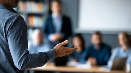 Naklejka premium Faceless business trainer facilitating a leadership development workshop for a group of managers in a corporate training room, defocused training environment in background,