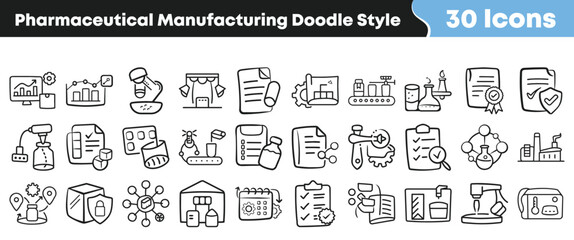 Obraz premium Hand drawn pharmaceutical manufacturing icons in a simple doodle style