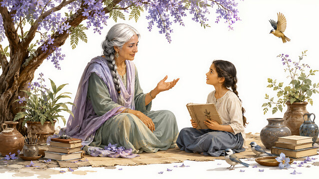 Illustration of wise teacher guiding young student beneath blooming tree during guru purnima hindu religious festival with books birds and cultural learning scene