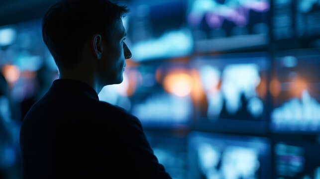 Faceless silhouette of a man observing multiple glowing digital screens with analytics graphics, futuristic data monitoring concept, defocused screen displays in background,
