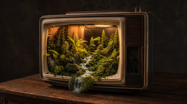 Surreal concept shot of a vintage 1980s television set on a dark wooden table with a miniature lush green forest ecosystem growing out of its open screen.