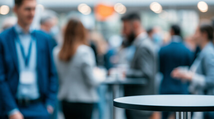 Fototapeta premium Faceless group of industry professionals gathered around a high table at a conference networking break, defocused event space in background, conference networking break concept