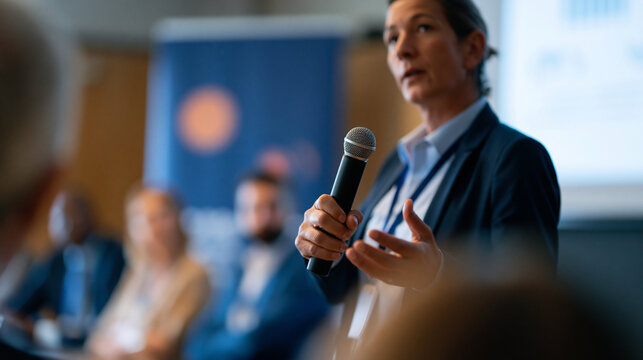Faceless entrepreneur pitching a startup to a panel of judges at a business competition event, persuasive presentation concept, defocused competition panel in background, startup