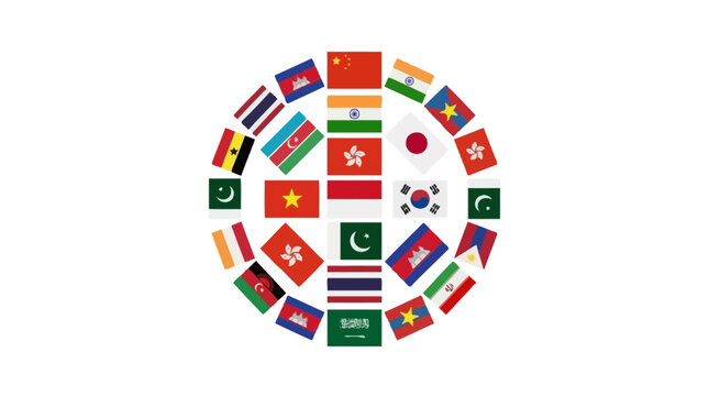 Circular arrangement of diverse international Asian flags.