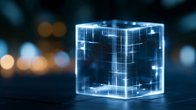 Glowing geometric cube standing in a dark space with a lattice grid design, futuristic technology and 3D visualization concept, defocused dark space, glowing lattice cube concept