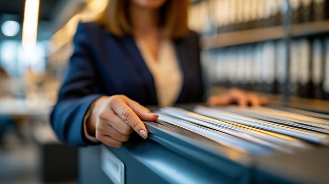 Faceless professional woman in a corporate blazer organizing files in a filing cabinet, administrative efficiency concept, defocused professional office in background, corporate