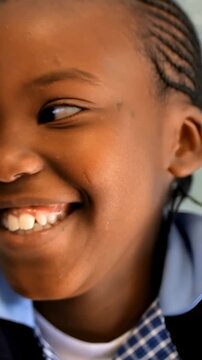 Vertical video: Camera panning pupil reacting to offscreen and laughing at school in uniform braids