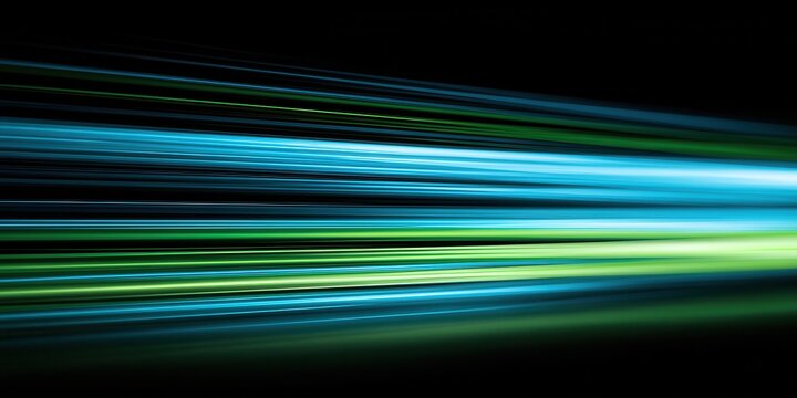 Blue and green light streaks sweeping across black background with luminous horizontal trails, vivid contrast, layered glow, and abstract motion energy, with light, streak, motion, horizontal detail