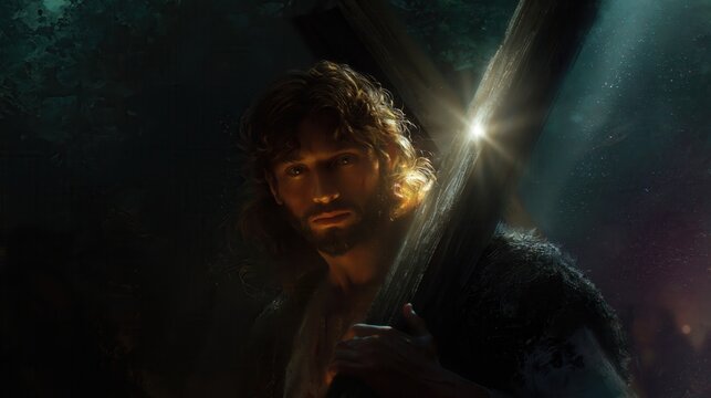Solemn man carrying wooden cross over shoulder with crown of thorns, dark robe, warm rim light and deep blue sky, conveying sacrifice, devotion, sorrow and spiritual resolve