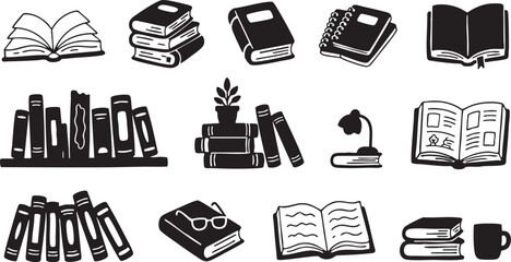 Books vector icons set featuring open textbooks stack of novels library bookshelves reading lamp and education stationery elements isolated on a clean white background design © Ajoy