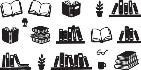Book icons vector set featuring open books stacked volumes bookshelves potted plants reading glasses and coffee cup isolated on white background for library graphic design © Ajoy