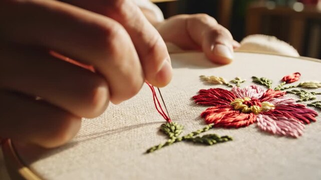 A diligent person works with a needle to create beautiful floral patterns on fabric using colorful yarn threads, showcasing traditional textile needlework skills during a productive afternoon