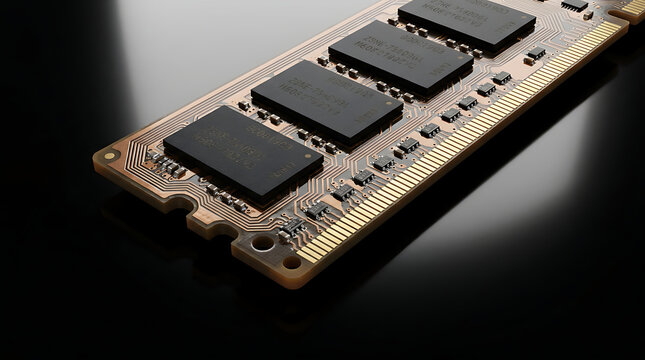 Detailed Close-up of Computer RAM Memory Module with Integrated Circuitry on Reflective Black Background