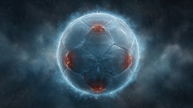 Glowing futuristic football formed from digital particles with holographic energy field and hexagonal surface details in dark atmospheric space background, with football, soccer, ball, futuristic