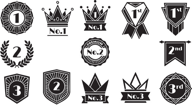 Ranking badges set featuring various black vector award icons with crowns laurel wreaths and shields for first second and third place victory and competition results