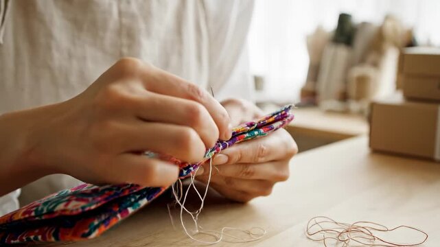 A diligent artisan focuses on sewing colorful patchwork fabric by hand while operating within a creative workshop environment that highlights traditional textile skills and quality handmade