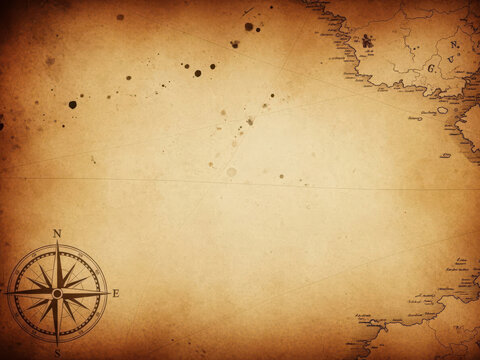 Old vintage treasure map with a compass rose on a textured paper background